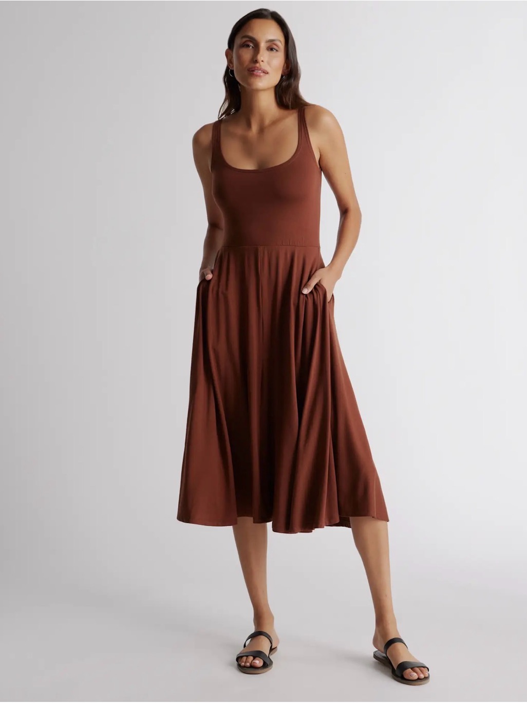 Quince Tencel Jersey Fit & Flare Midi Brown Dress Size S Sift Minimalist Chic